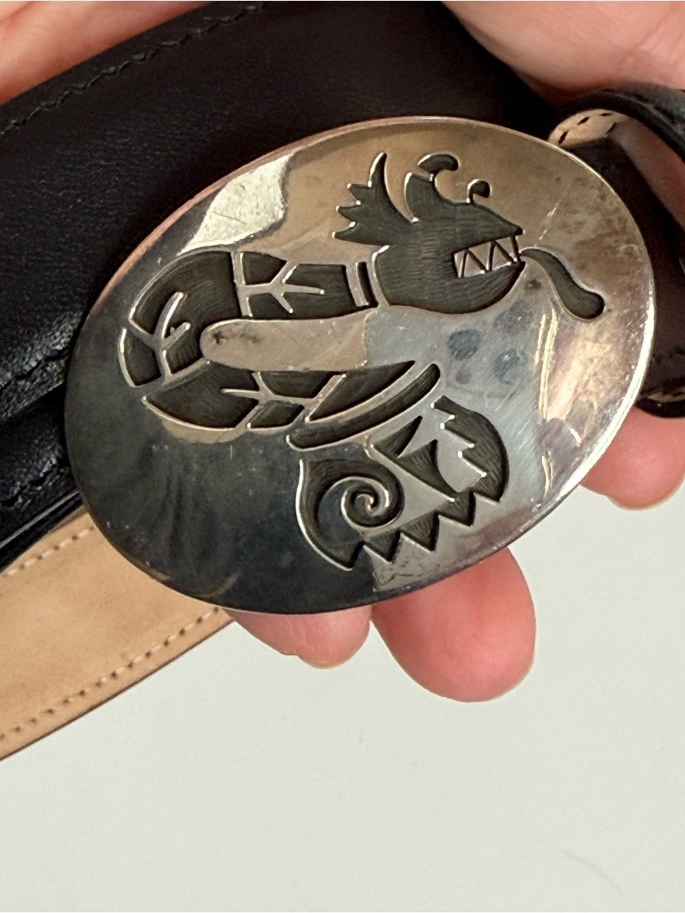 Hopi artist stamp silver overlay belt  sterling buckle Water Serpent (Palölökon)
